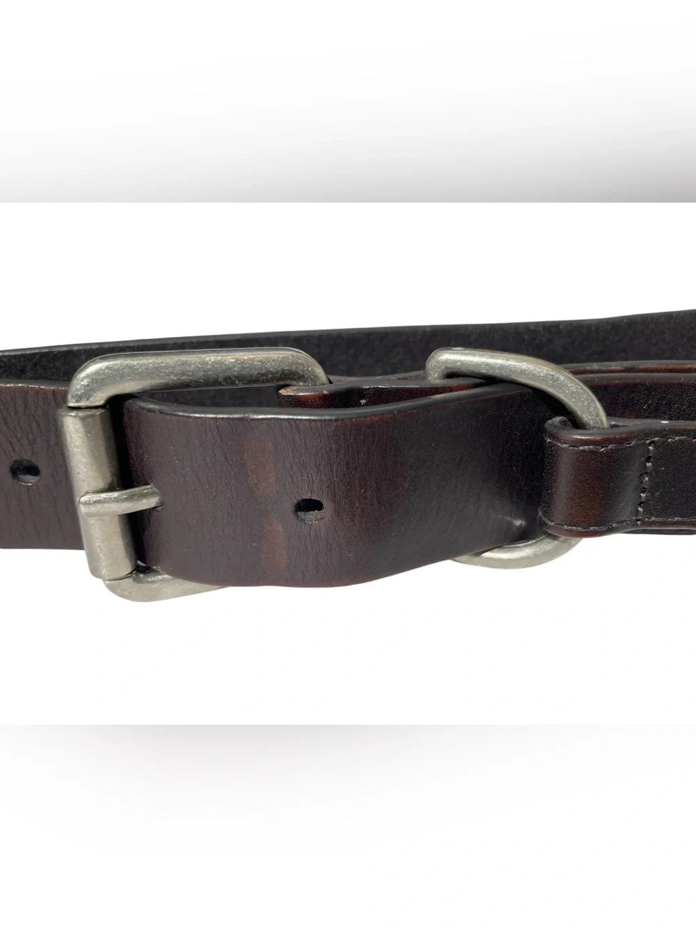 Vintage Men's Brown Leather Belt Double Silver Buckle Western City Hippie Sz 38